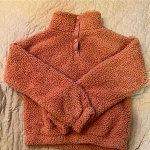 Pink fluffy button up turtle neck